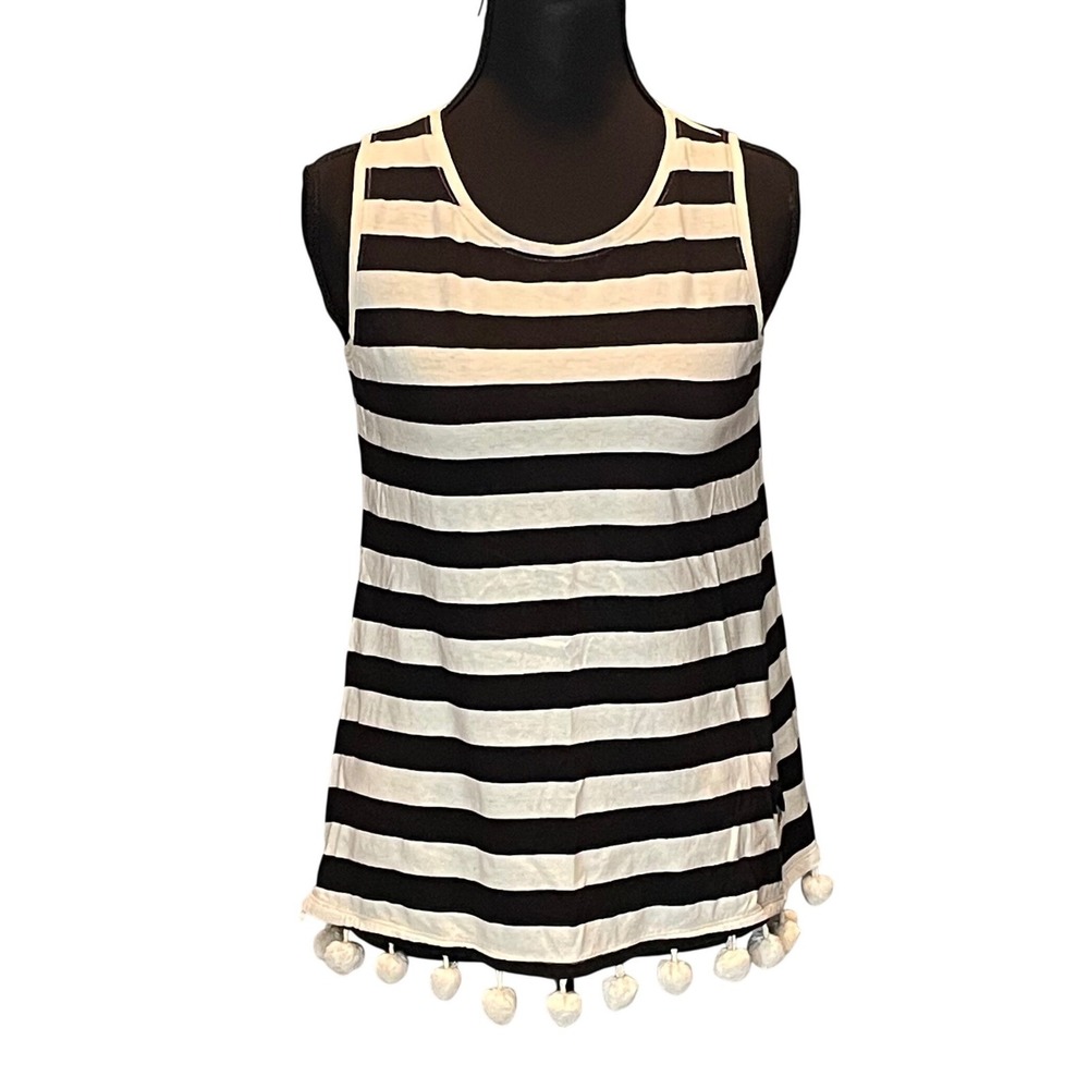 LOFT XXS Cotton Linen Striped Tank Top Pom Pom Trim Black Cream Whimsical Boho